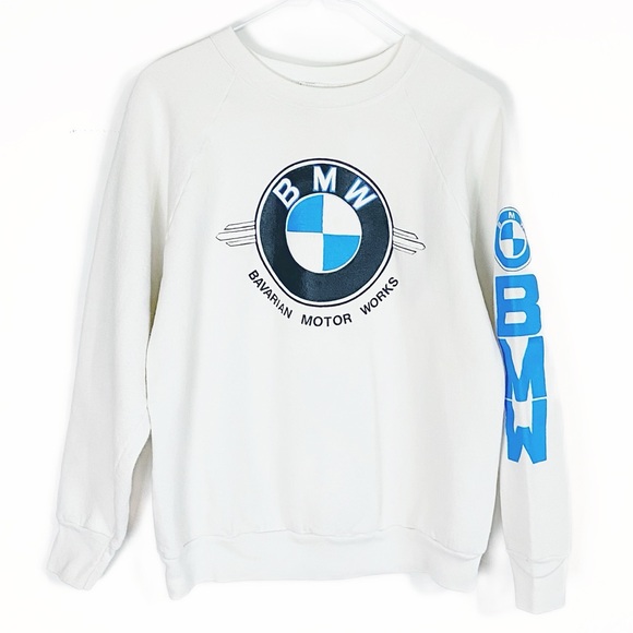 Vtg 80s 90s BMW Bavarian Motor Works Logo Fruit of the Loom White Sweatshirt L - Picture 12 of 12